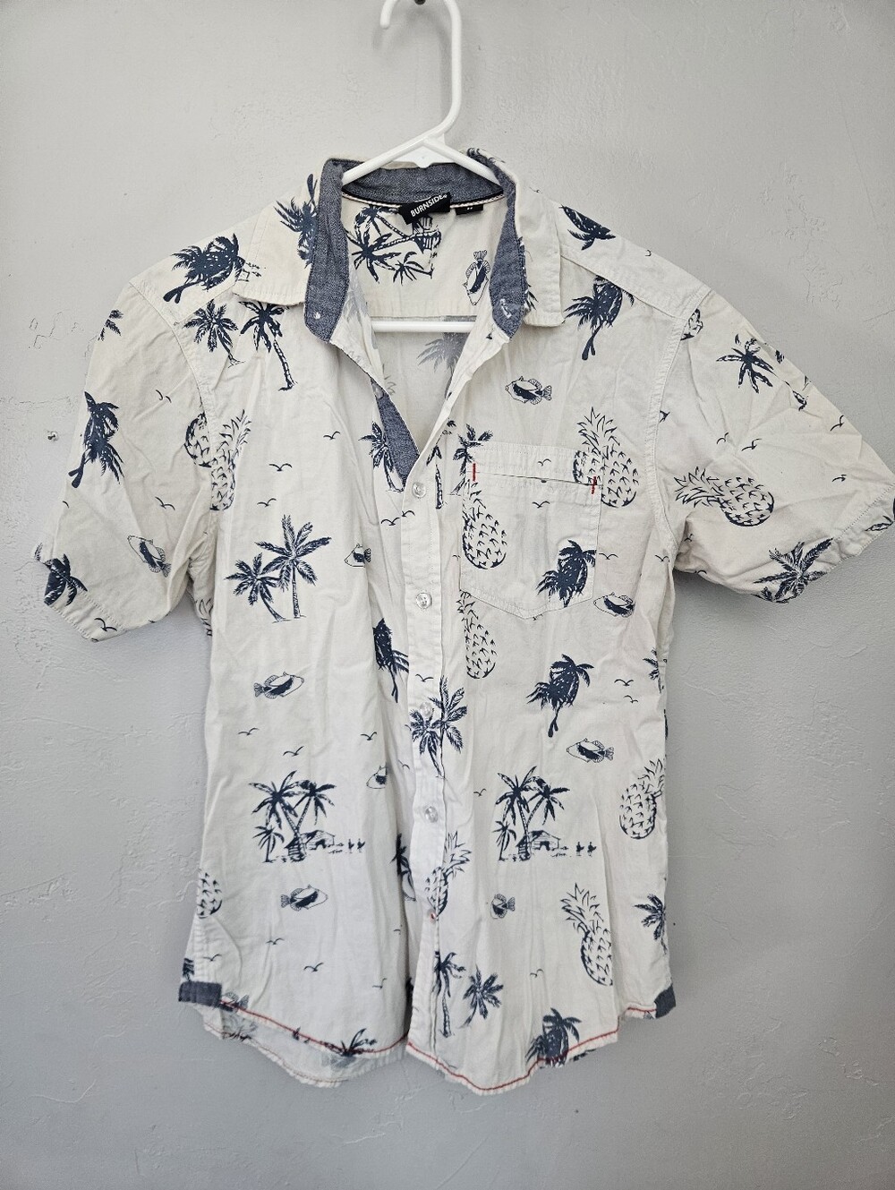 Burnside Men's Medium White Short-Sleeve Pineapple Palm Tree Button-Down Shirt